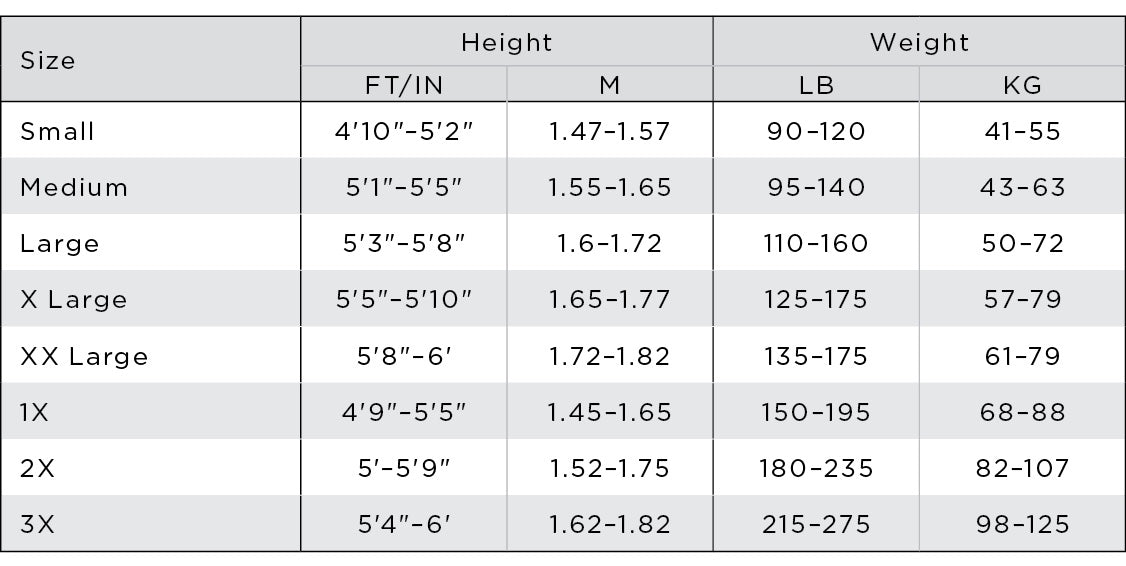 Adult ultra tights size chart