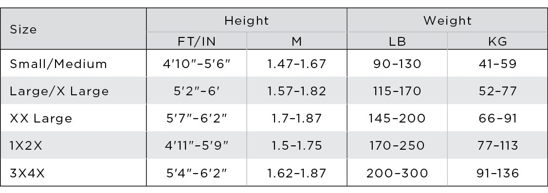 Adult size chart