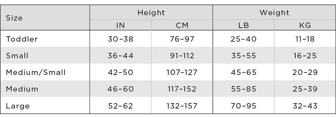 Child ultra tights size chart
