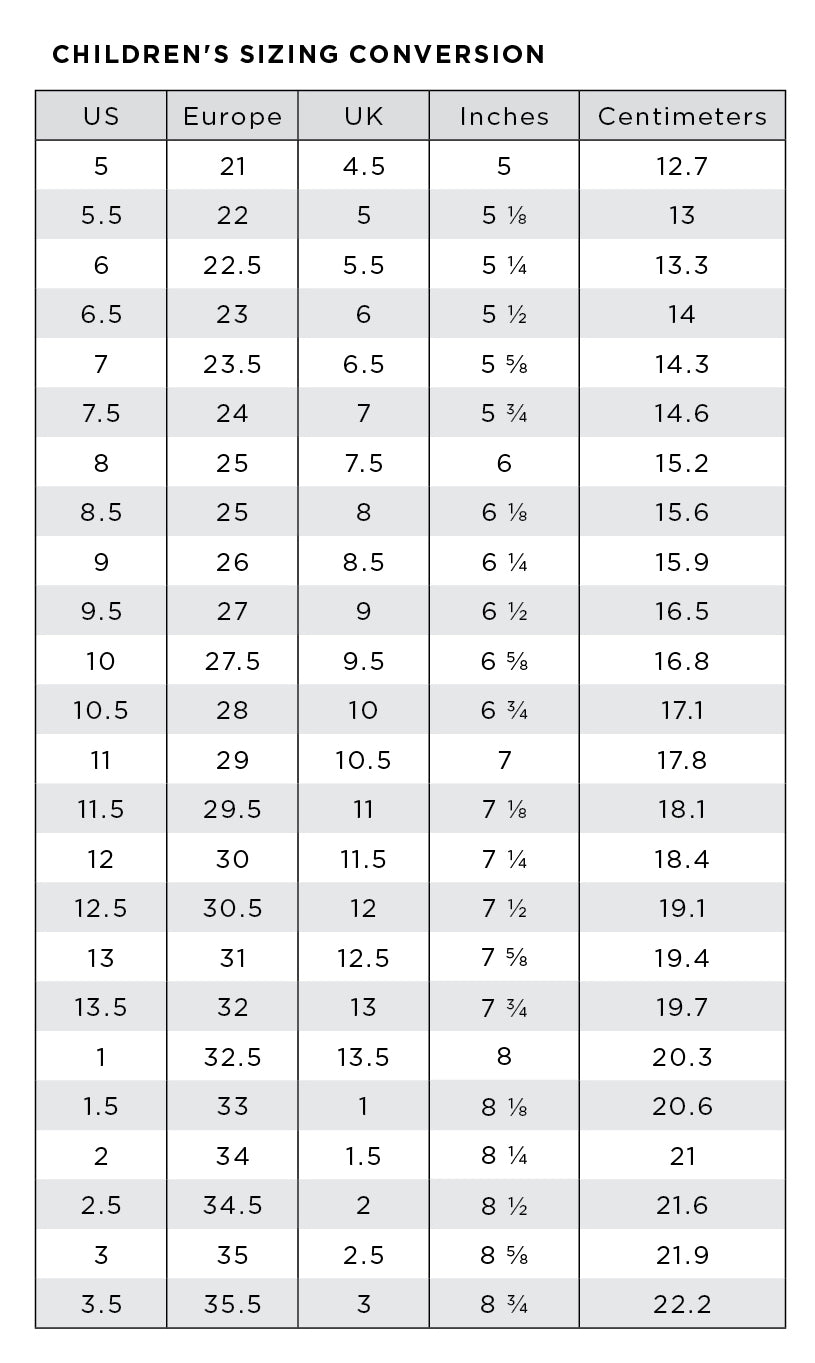 Footwear Conversion Guide Childrens Table