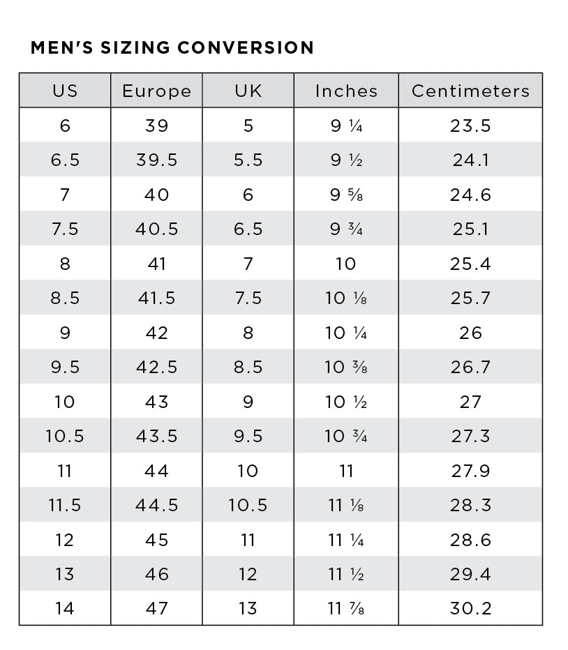 Footwear Conversion Guide Mens Table