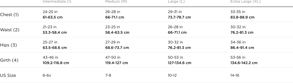 Tweens Bodywear Guide Table